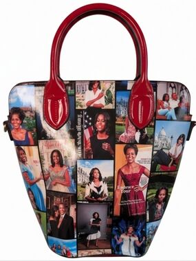 Michelle Obama magazine collage tote, red patent handles Statement Bag